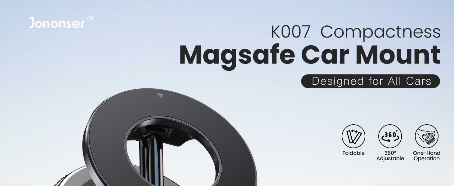 Jononser 360 degree adjustable magnetic car mount providing stable hands-free smartphone support for navigation, phone calls, music streaming, and safe driving with MagSafe compatible iPhone devices Jononser magnetic dashboard phone holder with industrial strength vacuum suction cup and high-performance magnetic attachment designed for rough roads, highway driving, and long-distance travel Jononser portable magnetic phone holder installed on windshield with secure vacuum suction technology offering stable