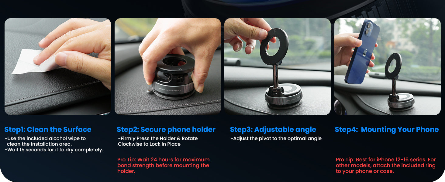 Jononser 360 degree adjustable magnetic car mount providing stable hands-free smartphone support for navigation, phone calls, music streaming, and safe driving with MagSafe compatible iPhone devices Jononser magnetic dashboard phone holder with industrial strength vacuum suction cup and high-performance magnetic attachment designed for rough roads, highway driving, and long-distance travel Jononser portable magnetic phone holder installed on windshield with secure vacuum suction technology offering stable