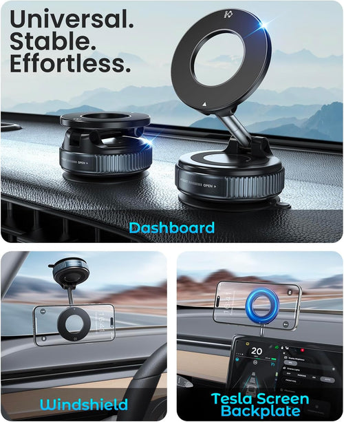 Jononser foldable magnetic MagSafe phone mount with compact pocket-size design, adjustable viewing angle, reusable vacuum suction base, perfect dashboard and windshield phone holder for everyday driving.
Jononser magnetic dashboard phone holder with industrial strength vacuum suction cup and high-performance magnetic attachment designed for rough roads, highway driving, and long-distance travel.
Jononser 360 degree adjustable magnetic car mount providing stable hands-free smartphone support for navigation,
